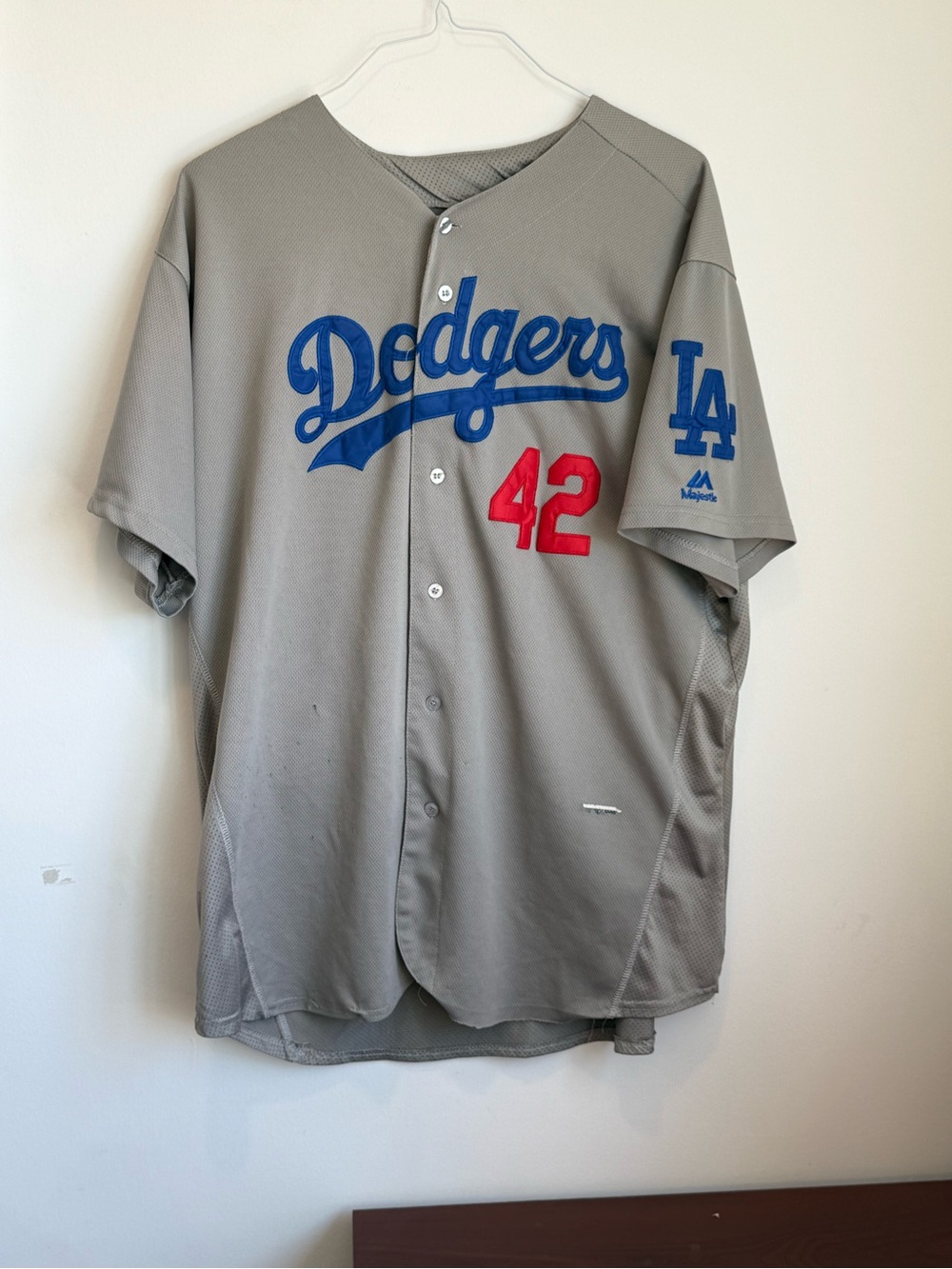 Jackie Robinson “43” Dodgers Gray Road Jersey with Blue and Red Script